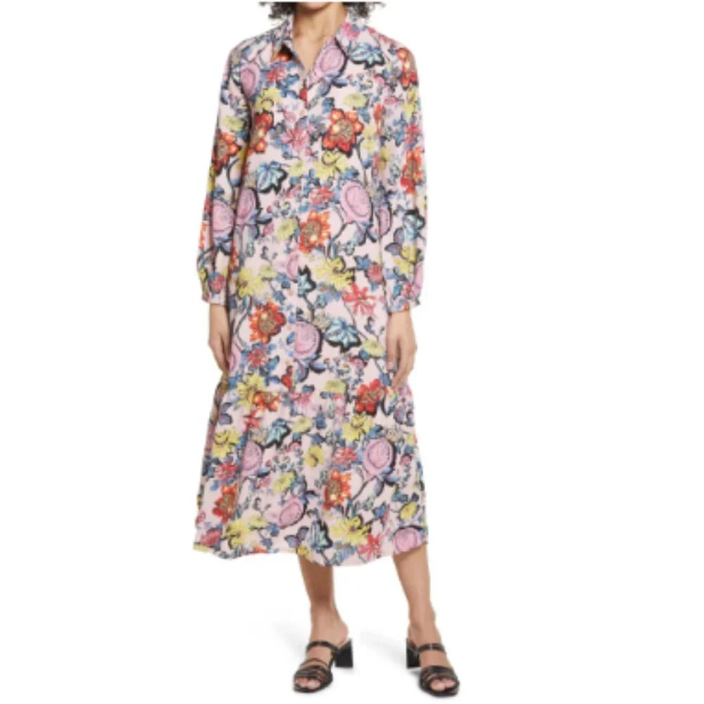 Halogen Floral Long Sleeve Popover Shirtdress - Pink, Size Small - Pink